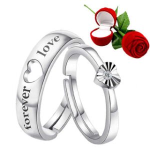 Silver Plated Adjustable Couple Rings Set for lovers Ring with 1 Piece Red Rose Gift Box for Men and Women